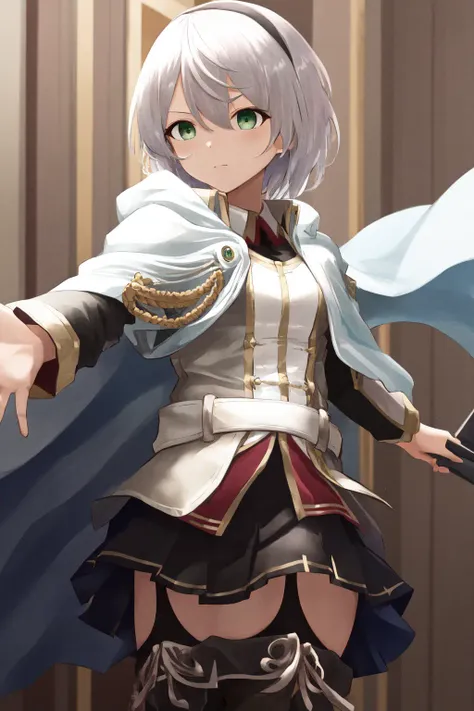 masterpiece, best quality, highres, 1girl amnesia green eyes short hair, white cape black skirt pleated skirt white jacket red shirt garter straps black thighhighs thigh boots <lora:amnesia:1> standing, outstretched arms