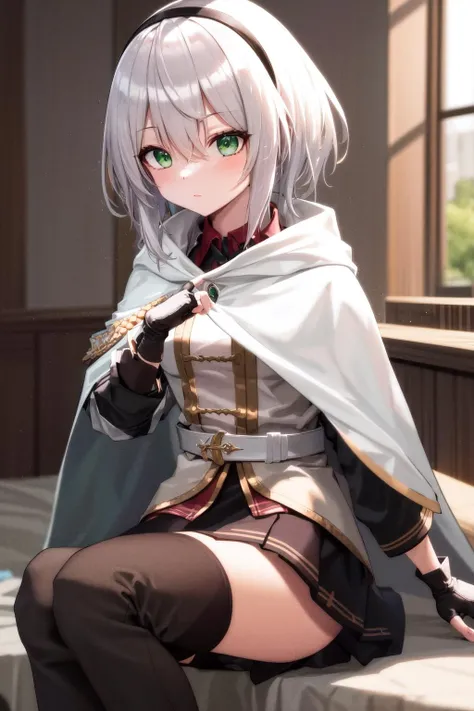 masterpiece, best quality, highres, 1girl hairband green eyes, white cape shirt long sleeves black skirt fingerless gloves black thighhighs belt thigh boots <lora:amnesia_v2:1>