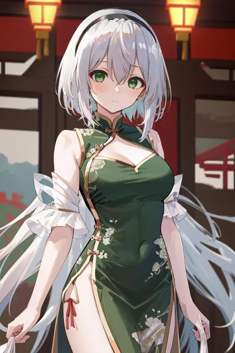 masterpiece, best quality, highres, 1girl hairband green eyes <lora:amnesia_v2_no_outfit:1> china dress
