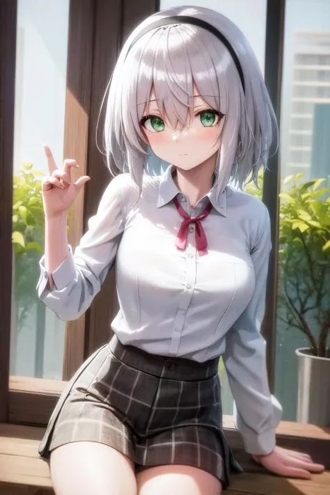 masterpiece, best quality, highres, 1girl hairband green eyes <lora:amnesia_v2_no_outfit:1> white shirt