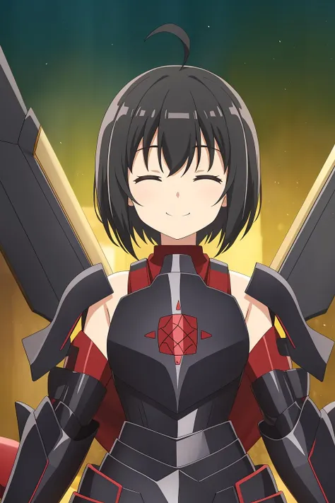 maple, 1girl, solo, smile, short_hair, black_hair, hair_ornament, navel, closed_eyes, upper_body, ahoge, midriff, armor, bob_cut, outstretched_arms, shoulder_armor, facing_viewer, breastplate, mecha_musume, open_hands, black_armor, shards