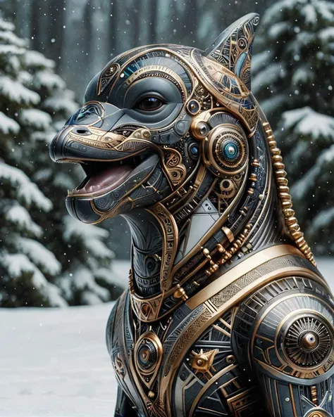 AfroFuturism of a Aggressive [Dolphin| French Bulldog], winter background, ultrafine detailed, Joyful, 50mm, <lora:dvr-frft:1> dvr-frft