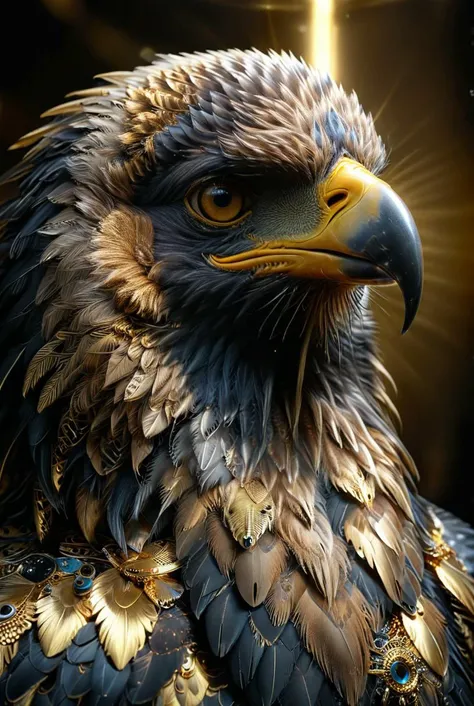 eagle looking into camera, close up of eagle head, portrait angle, bright reflective colours, mirrors, smooth accurate feathers, gold and black feathers, piercing eyes, dark gold reflective lighting
reflections, dark lighting, light rays, beams of light, realistic, high quality photo, 4k, hd, , ral-frctlgmtry, dvr-frft
<lora:xl_more_art-full_v1:0.6> <lora:add-detail-xl:0.5> <lora:ral-frctlgmtry:0.6> <lora:dvr-frft:0.4>