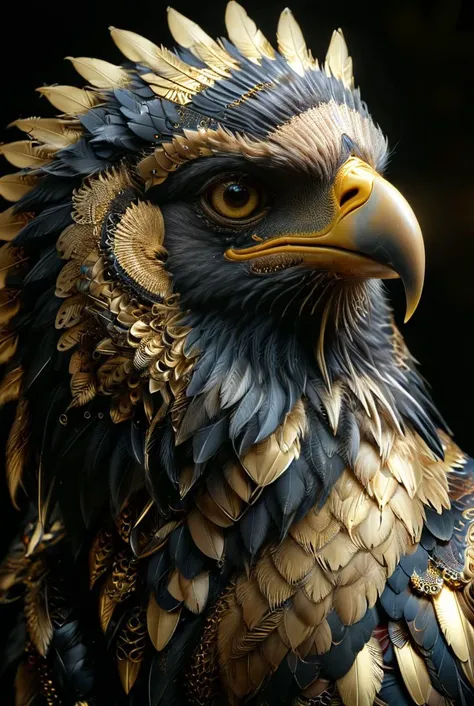 eagle looking into camera, close up of eagle head, portrait angle, bright reflective colours, mirrors, smooth accurate feathers, gold and black feathers, piercing eyes, dark gold reflective lighting
reflections, dark lighting, light rays, beams of light, realistic, high quality photo, 4k, hd, , ral-frctlgmtry, dvr-frft
<lora:xl_more_art-full_v1:0.6> <lora:add-detail-xl:0.5>  <lora:ral-frctlgmtry:0.6>  <lora:dvr-frft:0.6>