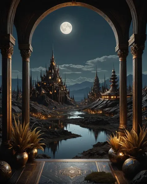 landscape of a Peatland from inside of a Vivec City, Bewitching, Moon in the night, Proud, Normcore Art, Technicolor, <lora:dvr-frft:1> dvr-frft