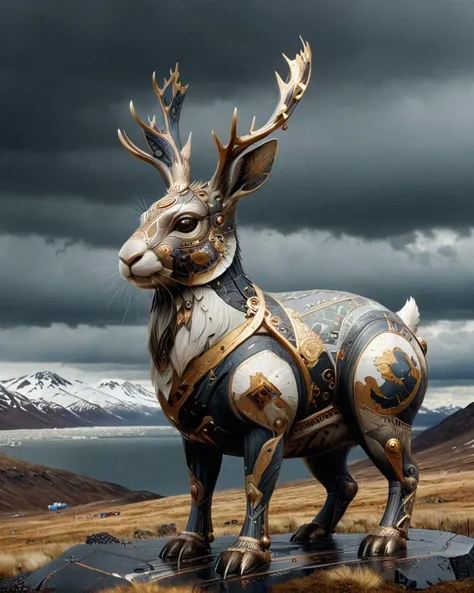 Jackalope made of dvr-frft, 3d blender render, landscape of a Longyearbyen, Stormy weather, Methaphysical painting, F/14, painterly, <lora:xlMoreArtFullV1.pREw:0.6> <lora:dvr-frft:1>