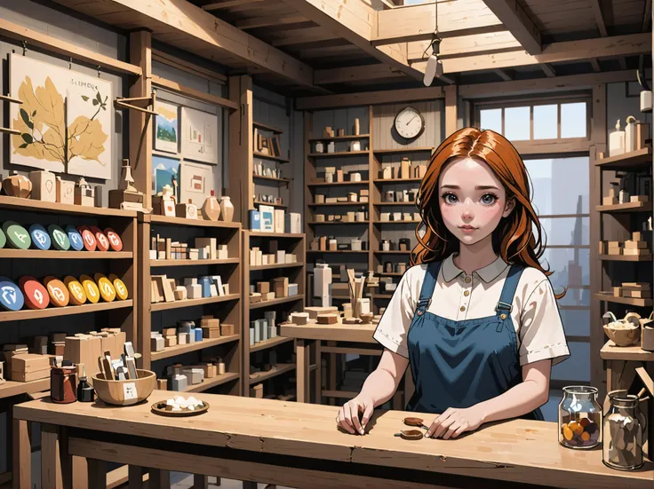 digital painting, a rustic souvenir shop with a cute cashier, <lora:EnvyRusticEscapeXL01:0@0,0@.39,2@.4:hr=1><lora:EnvyBetterHiresFixXL01:0@0,0@.49,1@.5:hr=1>