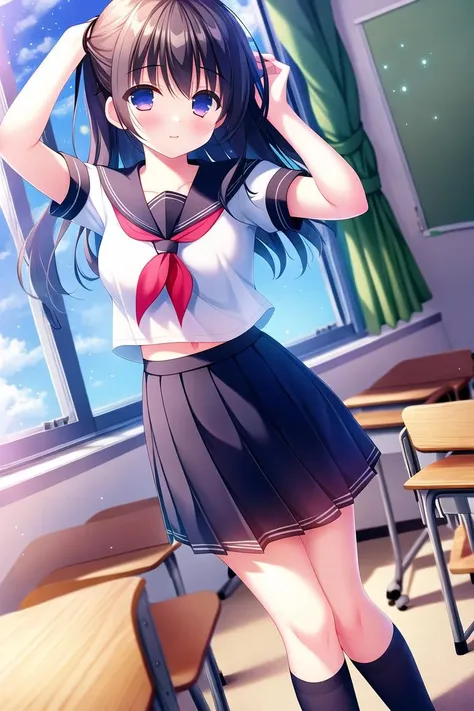 absurdres, high quality, game cg, 1girl, hime cut, serafuku, classroom, standing, window, curtains, wind, dutch angle, light particles, bokeh