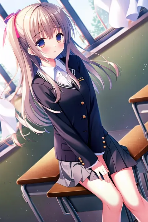 absurdres, high quality, game cg, 1girl, classroom, sitting, on chair, school desk, window, curtains, wind, chromatic aberration, dutch angle