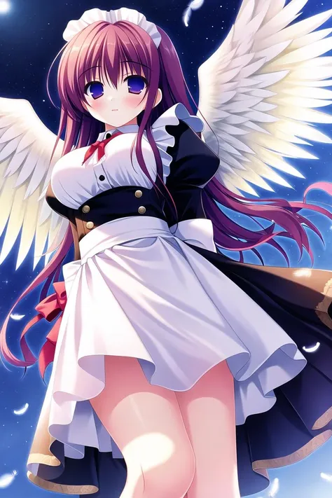 absurdres, high quality, game cg, 1girl, long hair, maid, backlighting, from below, night sky, angel wings, falling feathers