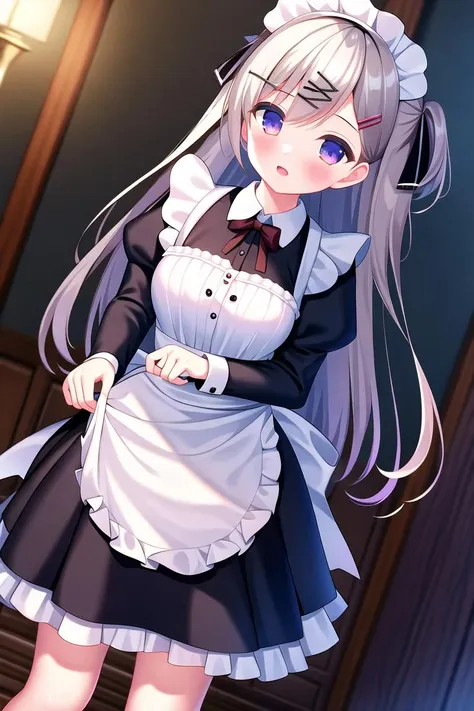 absurdres, high quality, game cg, 1girl, long hair, hairclip, maid, dutch angle, light particles, depth of field