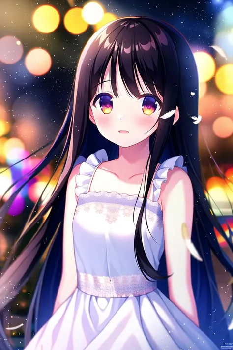 absurdres, high quality, game cg, 1girl, houraisan kaguya, evening gown, frilled dress, frills, outdoors, night sky, falling feathers, upper body, light particles, bokeh, chromatic aberration