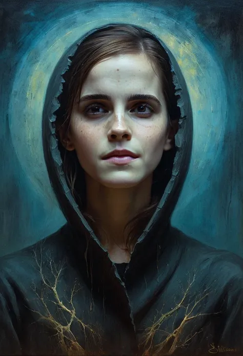 medium shot, portrait painting , dystopian surrealism, Gothic Cosmic Mystery nightmare ,nightmarish, facing camera, emma Watson woman, dynamic pose, in a "Zdzislaw beksinski" style painting <lora:EmmaWatsonFace2012-2017_resolution2048_v1.0:0.9>