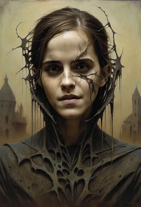 medium shot, portrait painting  , dystopian surrealism,  gothic Battle of Realms  nightmare ,nightmarish, facing camera, emma Watson woman,  dynamic pose,  in a "Zdzislaw beksinski" style painting <lora:EmmaWatsonFace2012-2017_resolution2048_v1.0:0.9>