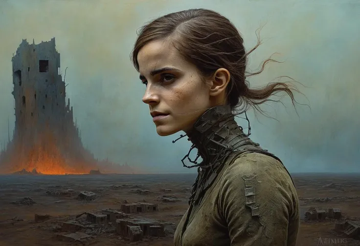 medium shot, portrait painting , dystopian surrealism, aftermath of war ,nightmarish, facing camera, emma Watson woman, dynamic pose, in a "Zdzislaw beksinski" style painting <lora:EmmaWatsonFace2012-2017_resolution2048_v1.0:0.7>