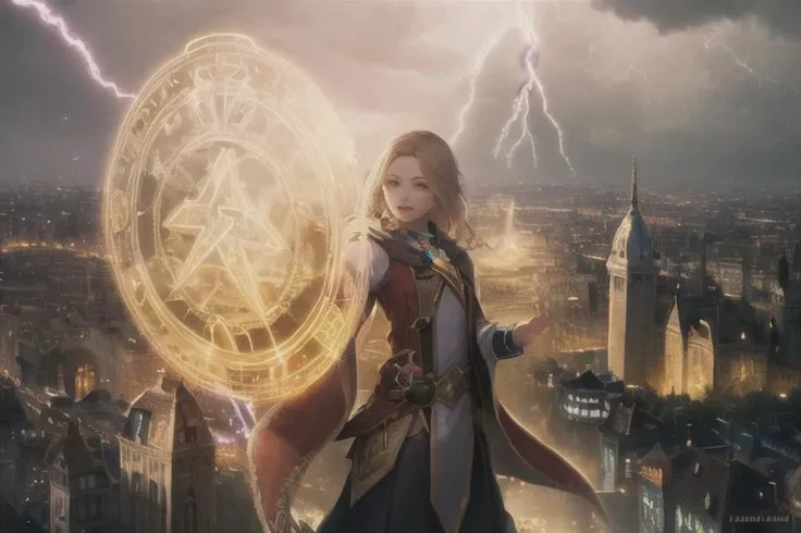 best quality, high definition, magical girl, fantasy outfit, nice face, nice hands, modern city landscape, raising one hand, magic spell, lightning spell <lora:runemagic:0.7>