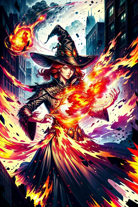 best quality, (masterpiece:1.2), highly detailed, 1girl,red hair, witch hat, battle, war, protection magic, meteors, buildings, standing <lora:Concept - Add_detail:1> magic circle, casting spells, fantasy, mage, red magic, power, protection, spell, battle, fire magic, magic_circle,
detailed background, city, <lora:Concept - Runemagic:1>, upper body,