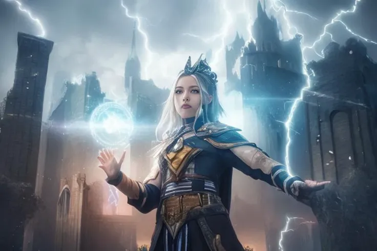 best quality, high definition, magical girl, fantasy outfit, nice face, nice hands, modern city landscape, raising one hand, magic spell, lightning spell   <lora:runemagic:0.7>