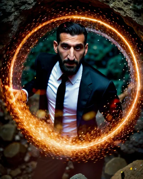 (Fares Fares:1.3) (Fares_Fares_SD15_v2-012:0.92) man with a (slicked-back hair:1.4) wearing a black vest (and long sleeved white shirt:1.25), inside a dark cave, (full:1.2) (long:0.5) (squarish:1.2) big (beard:1.2), devilish (confident looking down:1.2), (doing bright magic circles, swirling threads fantasy:1.1) is around his body, 4k uhd, dslr, soft light, high quality, Fujifilm XT3 <lora:weight_slider_v2:-0.5> <lora:detail_slider_v4:0.92> <lora:muscle_slider_v1:-0.8> <lora:Concept - Runemagic:0.55>