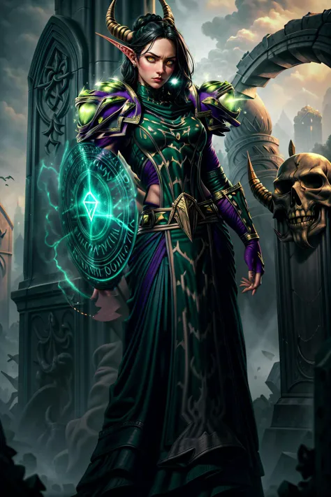 best quality, (masterpiece:1.2), highly detailed, 1girl, nemesisraiment, green robes, shoulder armor, gauntlets, demon horns, long skirt, skull belt, <lora:Clothes - Nemesis:0.8>, standing, elf ears, black hair, braided hair,  <lora:Concept - Add_detail:1> cowl, fingerless gloves, magic circle, casting spells, fantasy, mage, green magic, power, wizard, protection, spell, battle,
detailed background, graveyard, pointing,  <lora:Concept - Runemagic:0.8>