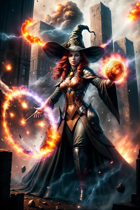 best quality, (masterpiece:1.2), highly detailed, 1girl,red hair, witch hat, battle, war, protection magic, meteors, buildings, standing <lora:Concept - Add_detail:1> magic circle, casting spells, fantasy, mage, red magic, power, protection, spell, battle, fire magic, magic_circle, 
detailed background, city, <lora:Concept - Runemagic:1>, upper body,