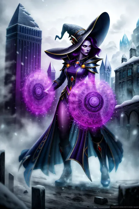 best quality, (masterpiece:1.2), highly detailed, 1girl,purple hair, witch hat, battle, war, protection magic, snow, ruins, standing <lora:Concept - Add_detail:1> magic circle, casting spells, fantasy, mage, red magic, power, protection, spell, battle, ice magic, magic_circle,
detailed background, city, <lora:Concept - Runemagic:0.9>, upper body, mage, white robes,