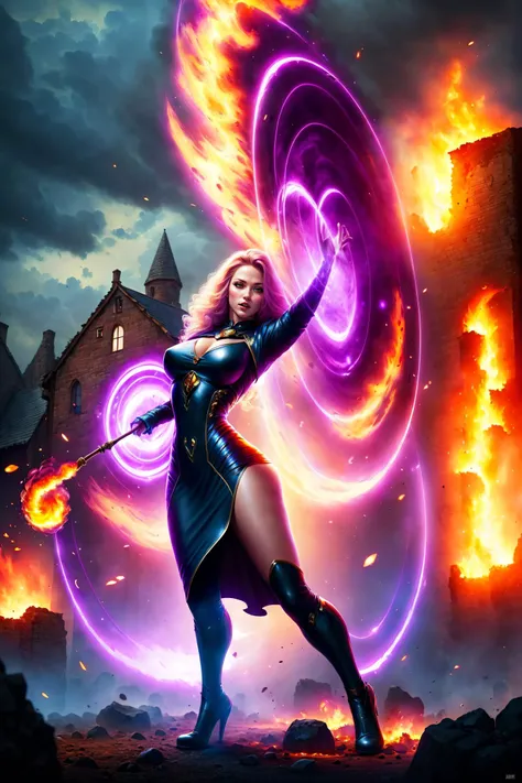 masterpiece, best quality, detailed, 1girl, tight dress, magic circle, casting spells, fantasy, purple power, power, fire, meteor, mage, high-resolution, medieval village, storm, burning, village street, rock, dirt <lora:Concept - Runemagic:1>