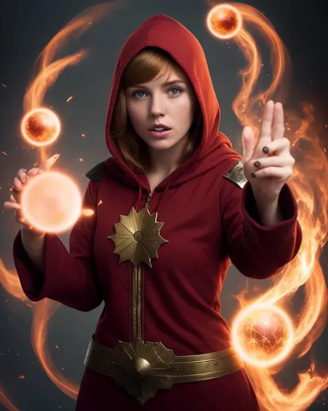 solo photo of beautiful woman, Caucasian 21 years old, sleepy, ginger blonde, short hair, bangs, protuberant ear, magician girl, wearing a hood, detailed face, floating in the air, facing the camera, realistic, magic fireball spell in hand