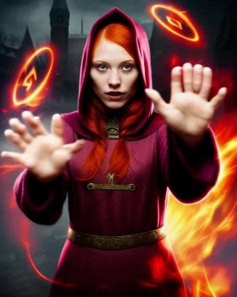 ginger magician girl, wearing a dark hood, detailed face, floating in the air, facing the camera, realistic, rune_magic red magic spell in hand <lora:Concept - Runemagic:1>