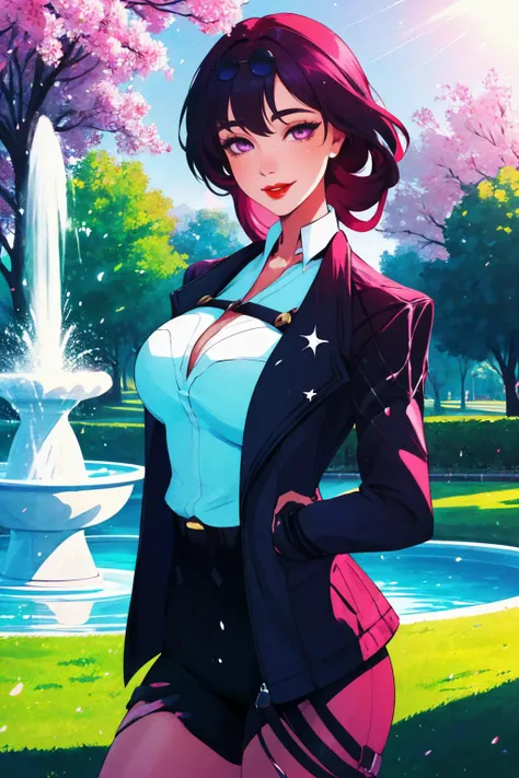 <lora:kafka-06:0.8>, Highly detailed, High Quality, Masterpiece, beautiful, kafkav1, purple eyes, jacket, large breasts, bright scene, sunlight, cowboy shot of beautiful lady, red lips, summer day, smiling, park, fountain, particles, tree