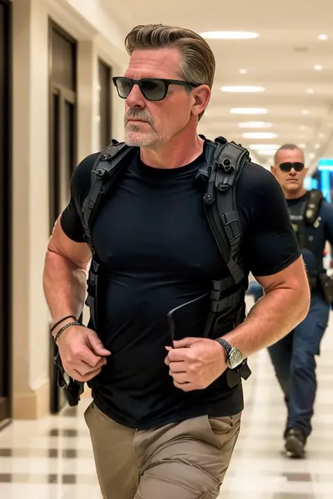 a handsome man jogging in a mall, fbi agent, cia agent, black tee shirt, beard, sunglasses, bullet proof vest, in mexico, ready for action, (close up), candid, amateur, (raw, 8k, uhd, fujifilm xt3), sharp, warm cinematic lighting, <lora:joshBrolin_v10:1>