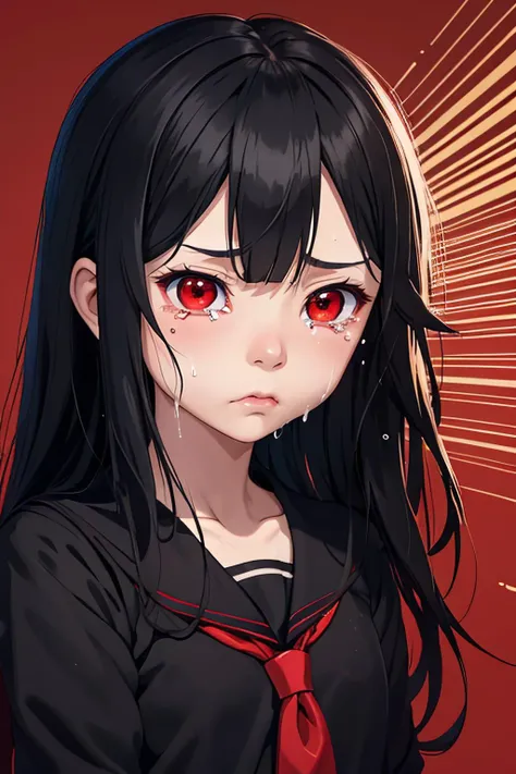 <lora:oda:0.85> oda_smoll, small girl, red eyes,black hair, pouting, tears, crying, (school background:1.15)