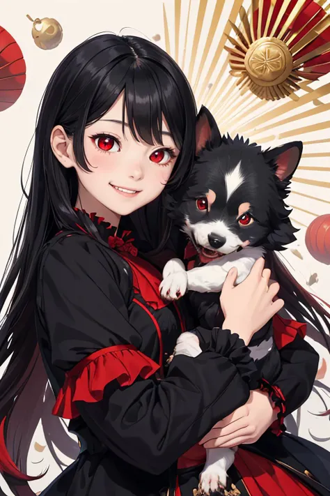 <lora:oda:0.85> oda_smoll, small girl, red eyes,black hair, wide smile, happy face, frilly shirt, holding a puppy