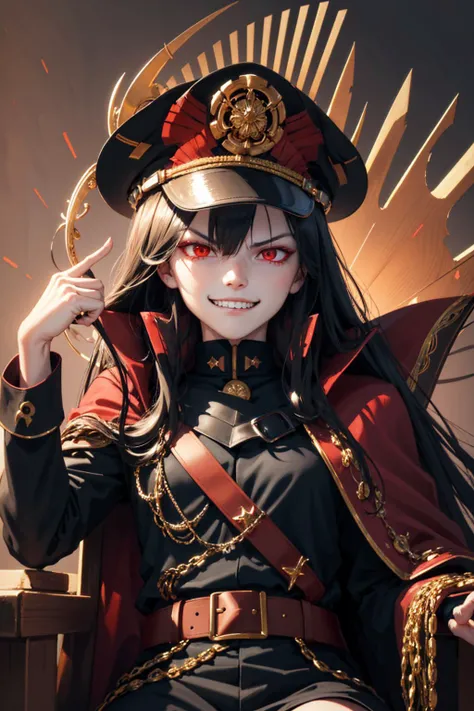 (detailed face and eyes:1.3),
<lora:oda-10:1>,oda_smoll,hat,cape,red eyes,military uniform,black hair,(evil smile:1.4),(evil grin:1.4),throne,sitting,
Ultra-detail,(highres:1.1),best quality,(masterpiece:1.3),cinematic lighting,