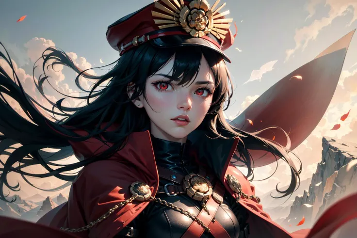 (ashen plains, gray landscape, drifting ashes, hushed winds:1.2),Ultra-detail,(highres:1.1),best quality,(masterpiece:1.3),(cinematic lighting:1.1),
BREAK,
(detailed face and eyes:1.1),1girl,(closed mouth:1.1),<lora:oda:1>,oda_smoll,hat,cape,red eyes,military uniform,black hair,