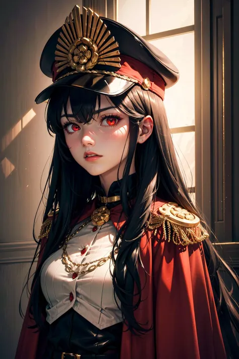 (abandoned hotel, empty rooms, faded grandeur, haunting whispers:1.2),Ultra-detail,(highres:1.1),best quality,(masterpiece:1.3),(cinematic lighting:1.1),
BREAK,
(detailed face and eyes:1.1),1girl,<lora:oda:1>,oda_smoll,hat,cape,red eyes,military uniform,black hair,