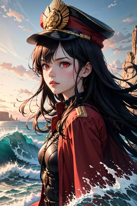 (eroded coastline, eroding cliffs, pounding waves, vanishing shoreline:1.2),Ultra-detail,(highres:1.1),best quality,(masterpiece:1.3),(cinematic lighting:1.1),
BREAK,
(detailed face and eyes:1.1),1girl,<lora:oda:1>,oda_smoll,hat,cape,red eyes,military uniform,black hair,