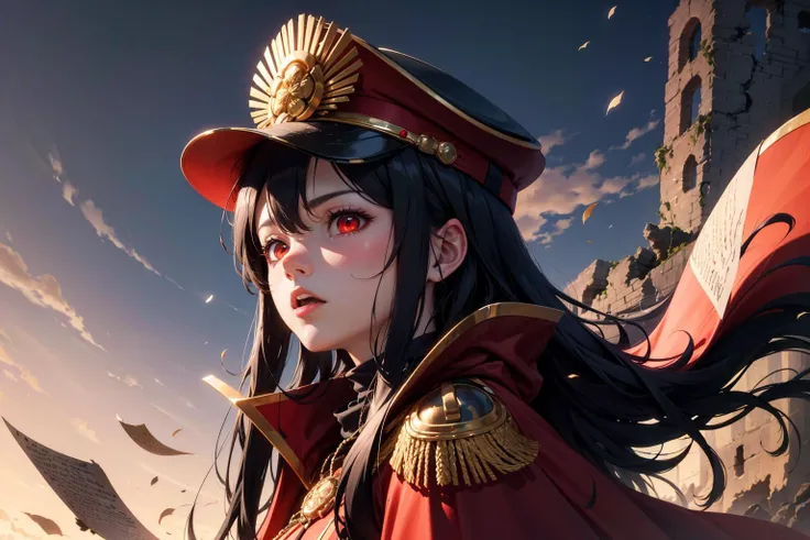 (crumbling monastery, faded manuscripts, silent prayers, remnants of spiritual devotion:1.2),Ultra-detail,(highres:1.1),best quality,(masterpiece:1.3),(cinematic lighting:1.1),
BREAK,
detailed face and eyes,1girl,(closed mouth:1.1),<lora:oda:0.9>,oda_smoll,hat,cape,red eyes,military uniform,black hair,