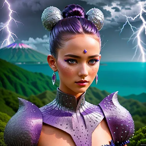 a closeup photo of MaeAI, standing on a volcano, pointy ears, natural skin texture, (detailed, intricate [black | purple] scaly skin), [red | blue eyes], eyeshadow, [silver | blue | purple hair], flirting with camera, digital art, lightning, <lora:ShroomPunkAI-000012:1>