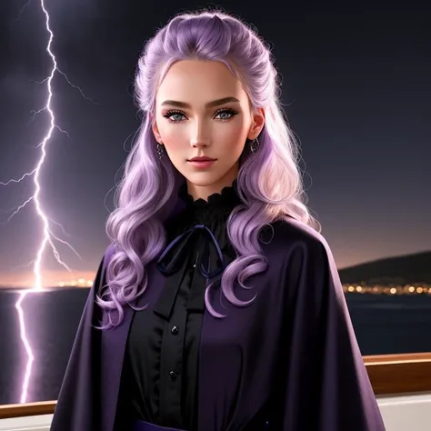a closeup photo of MaeAI, standing on a black mountain top, pointy ears, natural skin texture, (detailed, intricate [black | purple] robe, boat neck blouse), [red | blue eyes], eyeshadow, [silver | blue | purple hair], flirting with camera, digital art, calling lightning, night