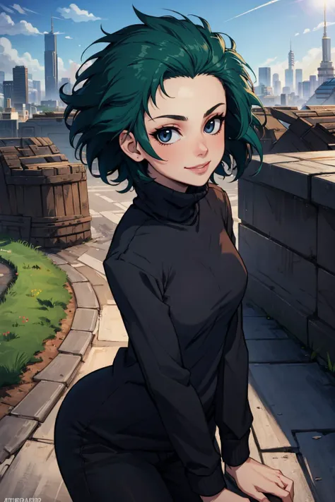 masterpiece, best quality, awlash, green hair, pale skin, black sweater, black pants, looking at viewer, city, city square, smile <lora:lash-nvwls-v1-000010:0.9>