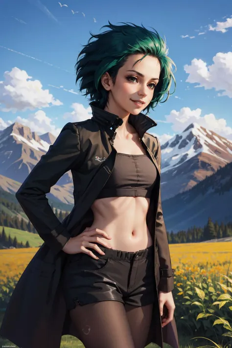 masterpiece, best quality, awlash, green hair, pale skin, black coat, black crop top, short shorts, black pantyhose, cowboy shot, hands to hips, furrowed brow, smile, field, mountains, looking at viewer, smile, closed mouth <lora:lash-nvwls-v1-000010:0.9>