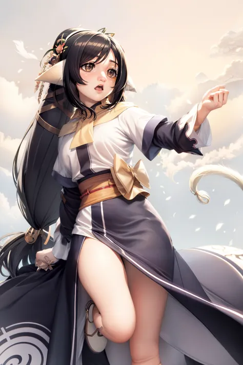 masterpiece, best quality,kuon ( utawarerumono), 1girl, solo,(dress:1.2), animal ears, tail, black hair, open mouth, low-tied long hair, sash,(kbxll:0.6)