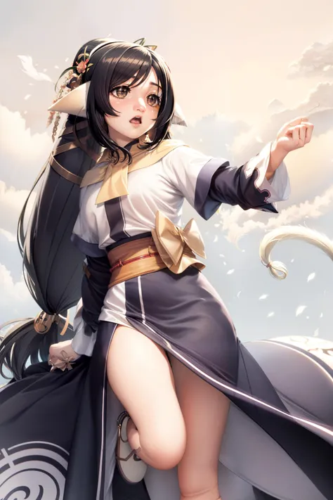 masterpiece, best quality,kuon ( utawarerumono), 1girl, solo,(dress:1.2), animal ears, tail, black hair, open mouth, low-tied long hair, sash,(kbxll:0.6)