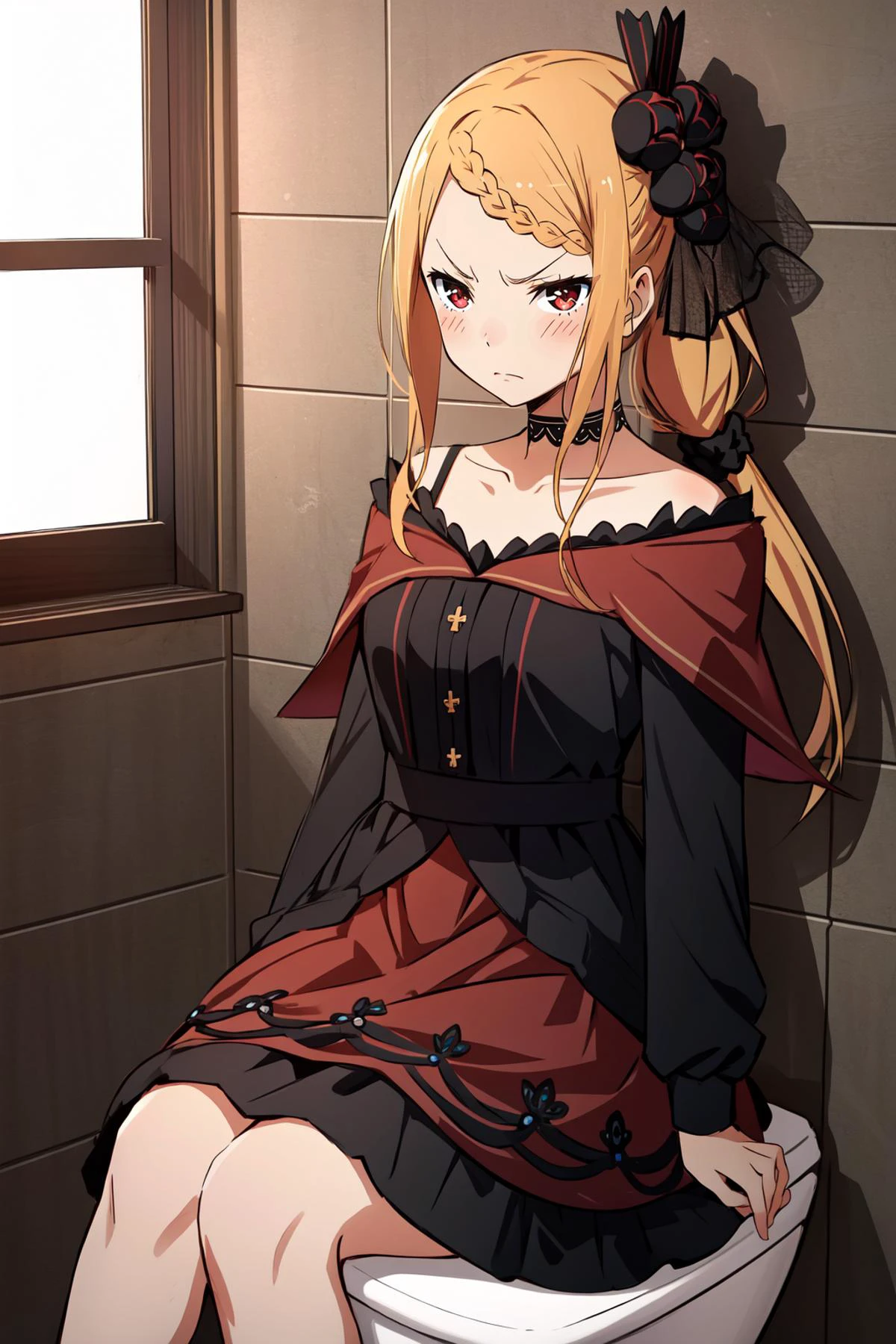 (masterpiece, best quality), intricate details,
1girl, <lora:priscilla_barielle_v1:0.8> hmpris, long hair, braided bangs, low ponytail, hair ornament, choker,
sitting on toilet, bathroom, blushing, angry,