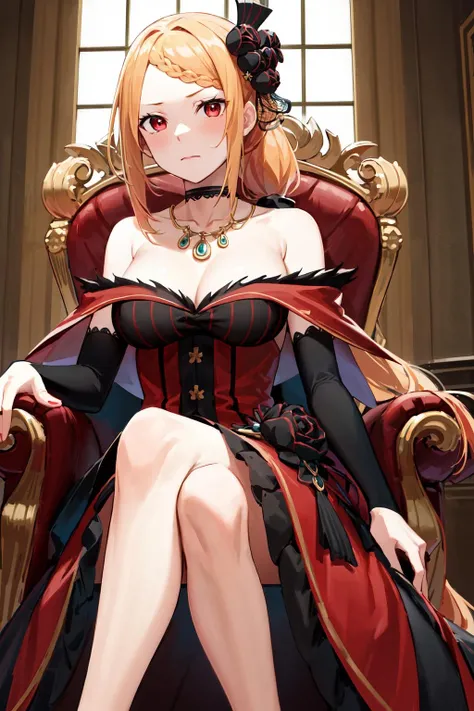 masterpiece, best quality, highres, hmpris, long hair, braided bangs, low ponytail, hair ornament, choker, collarbone, necklace, cleavage, bare shoulders, red dress, detached sleeves, black sleeves, <lora:priscilla_barielle_v1:0.7>, sitting, throne, indoors, crossed legs, red footwear, bare legs,