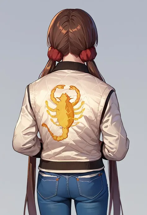 score_9, score_8_up, score_7_up, source_anime,   print jacket, white jacket, from behind, jeans,   <lora:drivejacket-outfit-richy-v1_pdxl:1>      <lora:MakiPDXLCAME:1> Harumaki, 1girl, low twintails, brown hair, red scrunchie,