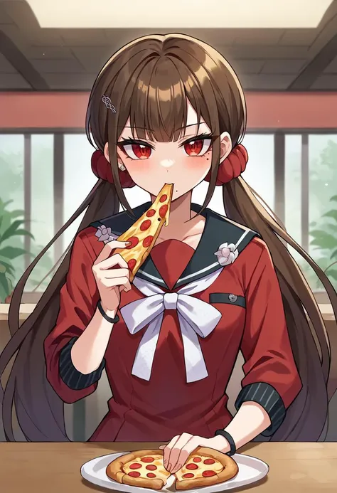 score_9, score_8_up, score_7_up, BREAK Harumaki, 1girl, low twintails, red eyes, brown hair, mole under eye, hairclip, red scrunchie, red shirt, brooch, pleated skirt, white bow, pov, cafe, eating pizza, <lora:MakiV2F-000008:1>