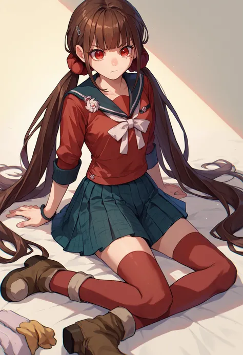 score_9, score_8_up, score_7_up, source_anime, Harumaki, 1girl, low twintails, red eyes, brown hair, mole under eye, hairclip, red shirt, brooch, pleated skirt, white bow, red thighhighs, red scrunchie, indoors, skirt lift, red panties,  <lora:MakiPDXLCAME-000013:1>