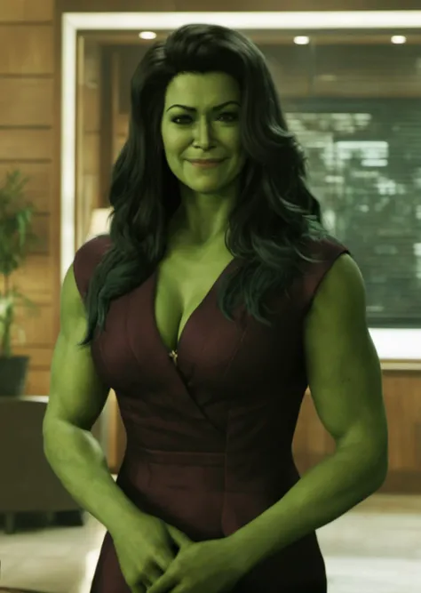 full body, big cleavage, breasts, a full body photo of ohwx woman with cleavage, long hair smiling, big cleavage, sexy expression, looking at the camera, green skin <lora:SHEHULK_SDXL-000005:0.7>